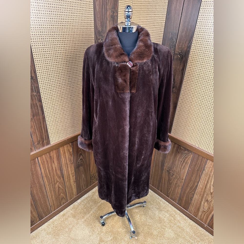BEAUTIFUL FULL LENGTH BROWN SHEARED & LONG HAIRED MINK FUR COAT JACKET LARGE